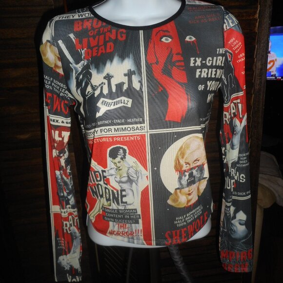 NWOT Dolls Kill Horror Halloween sheer vintage style shirt, Medium - Picture 1 of 4